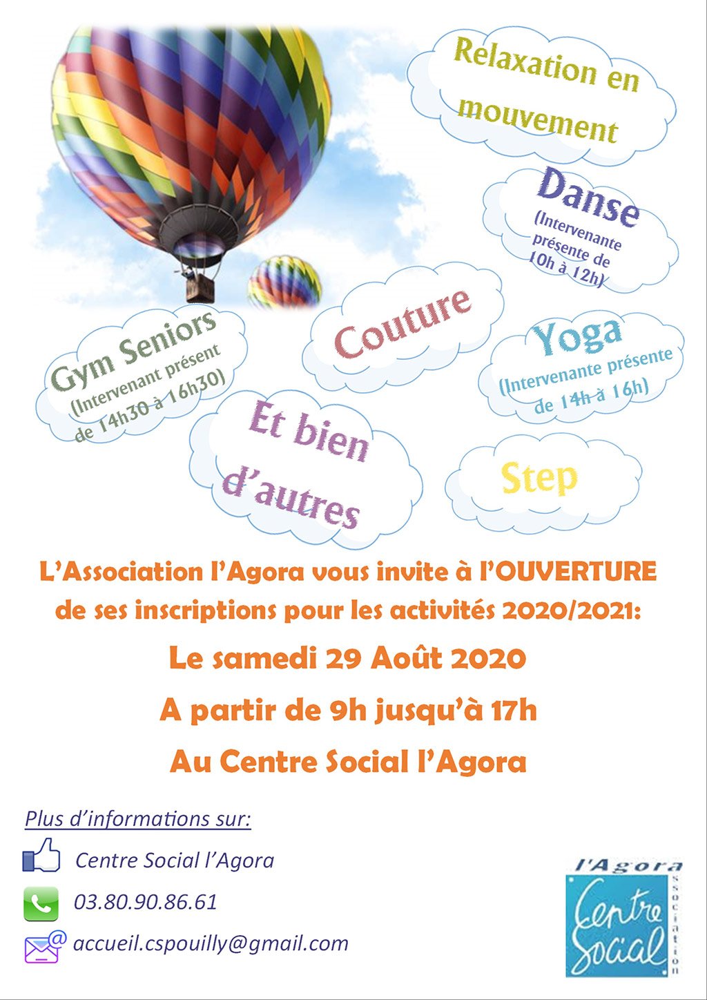 Affiche d'inscriptions aux activités du centre social l'Agora de Pouilly-en-Auxois le 29 août