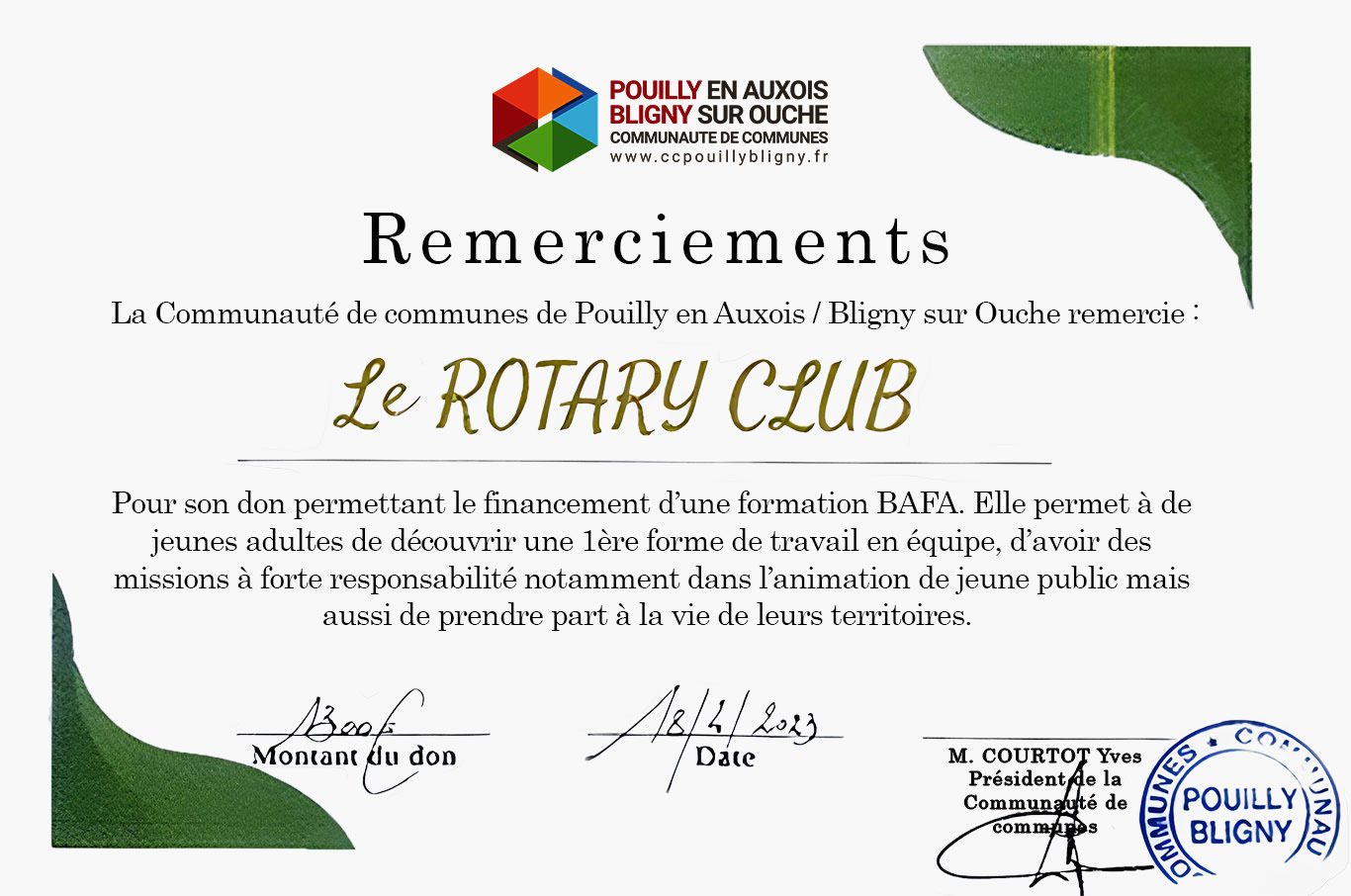 Remerciement au RotaryClub de Pouilly en Auxois pour sa participation financière à l'aide BAFA de la Communauté de communes