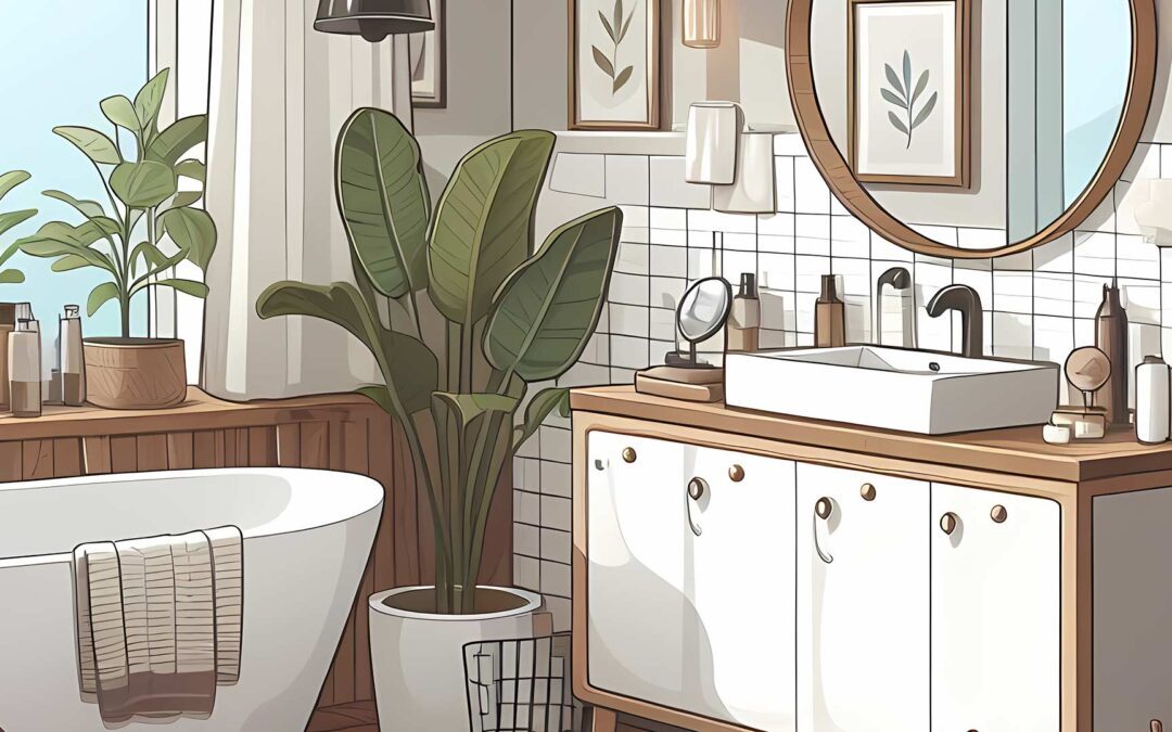 Illustration d'une salle de bain avec des éléments naturels