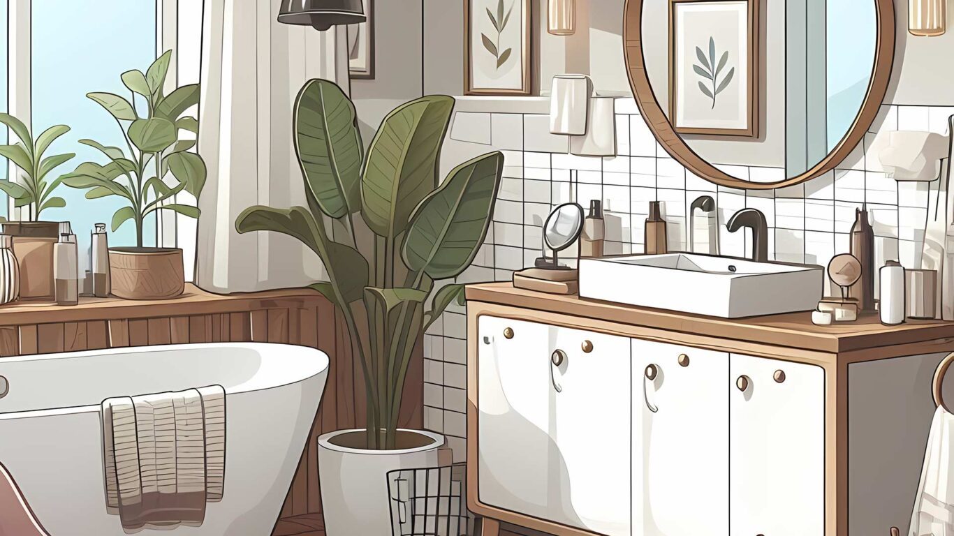 Illustration d'une salle de bain avec des éléments naturels