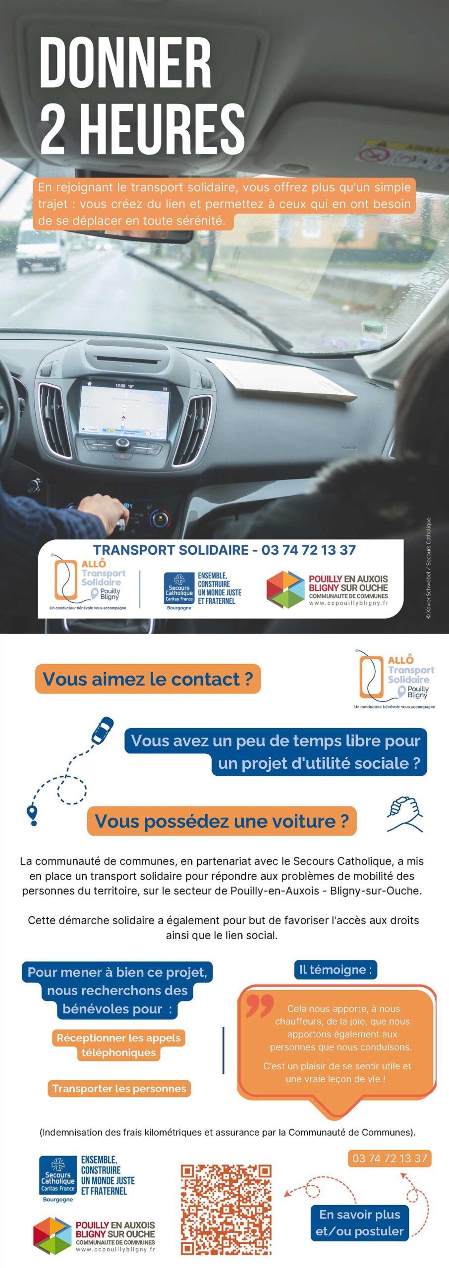Flyer recherche de bénévoles pour le service Allo transport solidaire de Pouilly Bligny