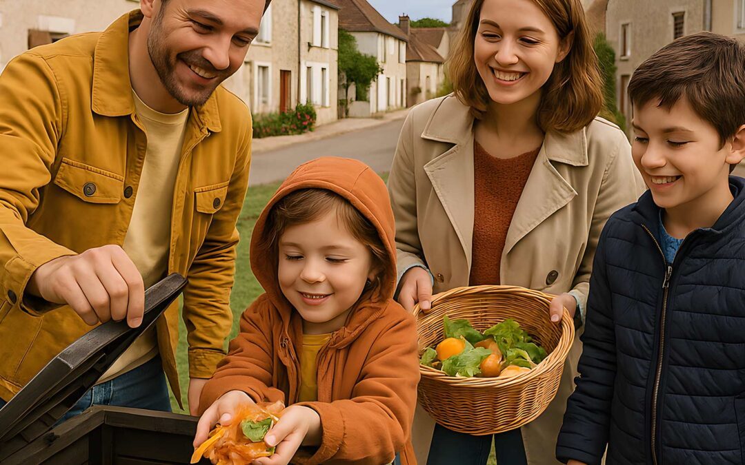 Une famille qui composte ses épluchures dans un composteur partagé à Créancey