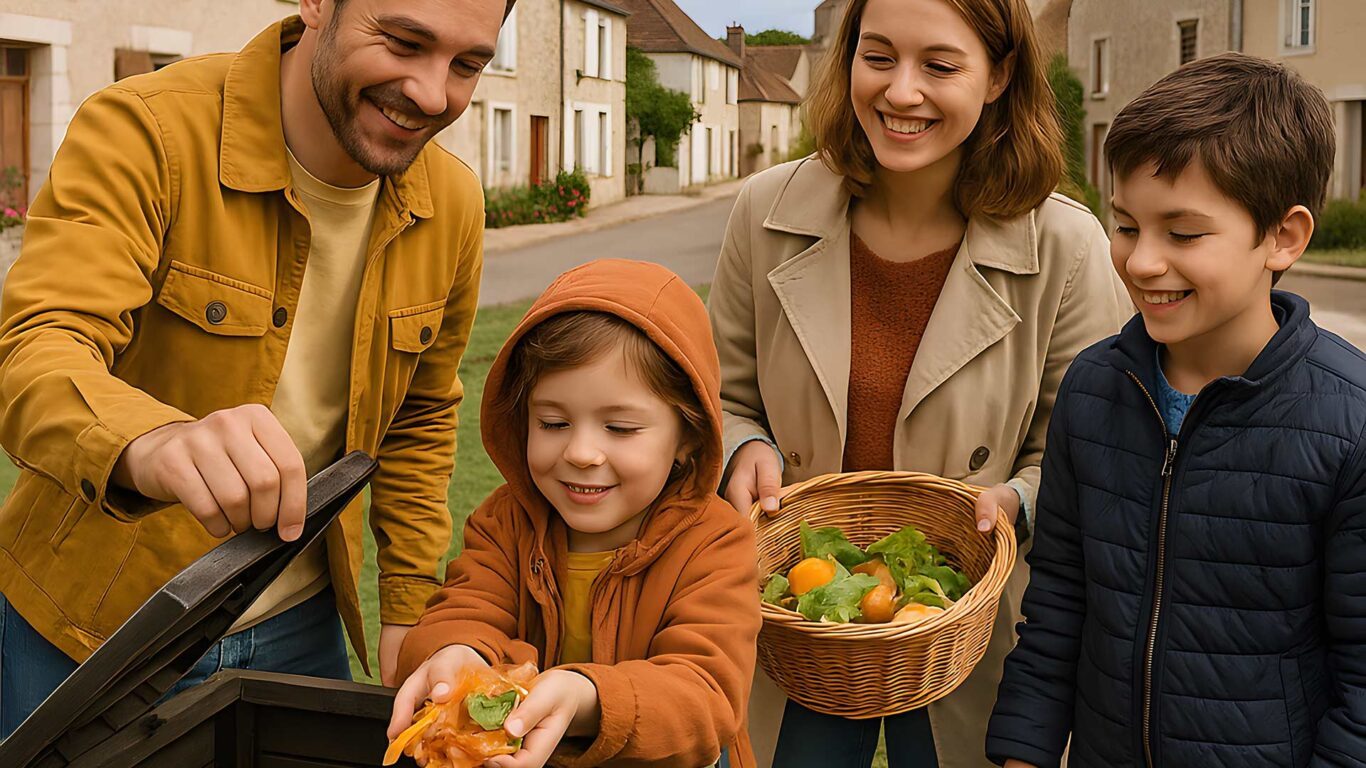 Une famille qui composte ses épluchures dans un composteur partagé à Créancey