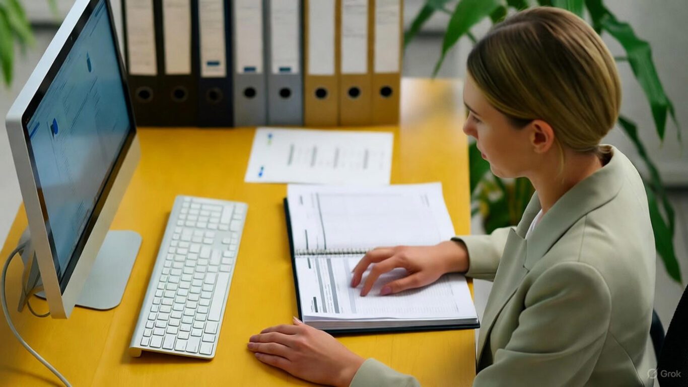 illustration d'une secrétaire assise à son bureau en train de faire de la comptabilité