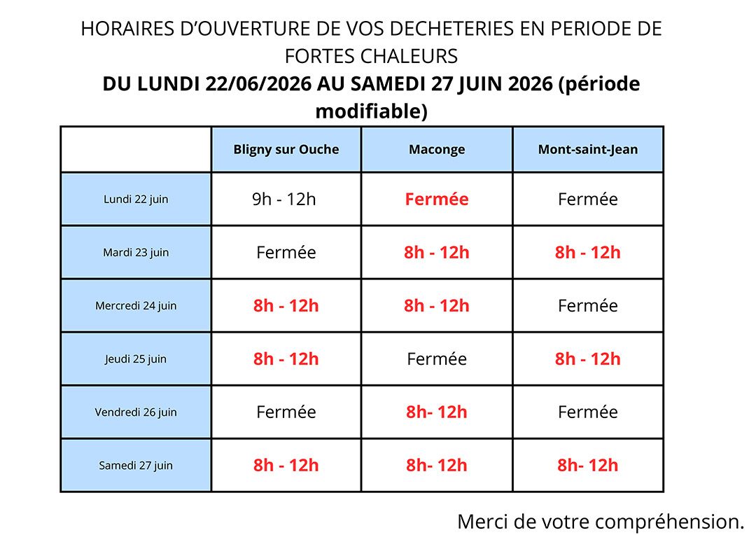 Horaire aménagé déchèteries Pouilly - Bligny en période de canicule juin 2026