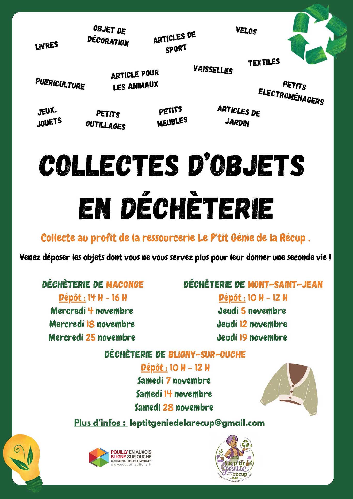 Affiche session de collecte en déchèterie au profit de la ressourcerie Le P'tit Génie de la Récup